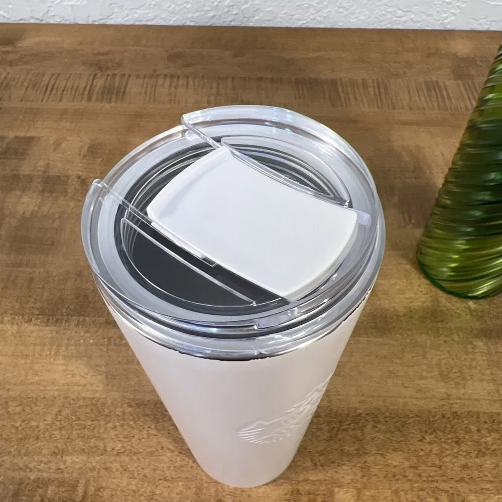Starbucks White Pearl Stainless Steel Vacuum & Holiday Green Swirl Tumbler 16oz‎